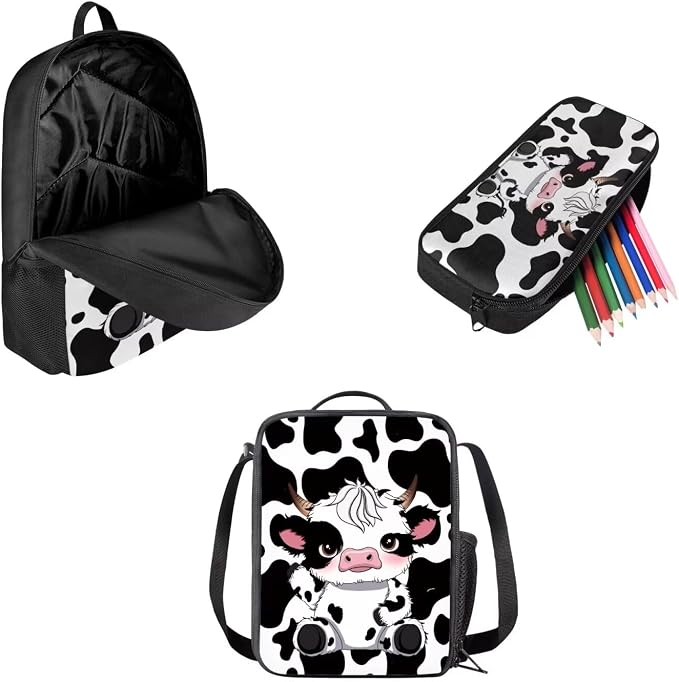 Mumeson Cute Cow 3PCS 17 Inch Student Backpack with Lunch Box,Lightweight Travel School Backpack,Back to School Boys Girls Book Bags - Image 2