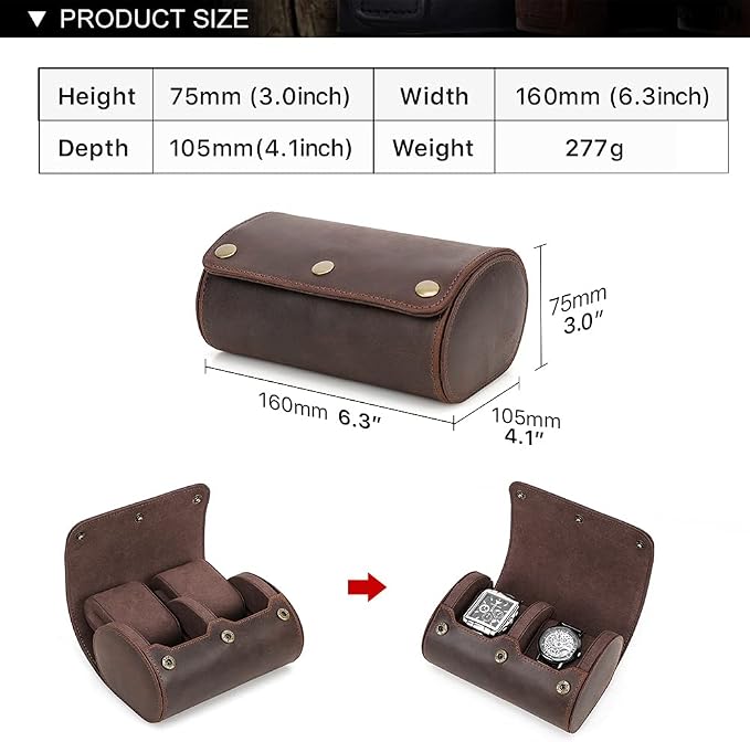 Hiram Leather Watch Roll Travel Case,Vintage Crazy Horse Leather 2-Slots Watch Box with Removable Velvet Pillows, Secure Metal Clasp, Perfect for Daily Display & Business Travel - Image 3