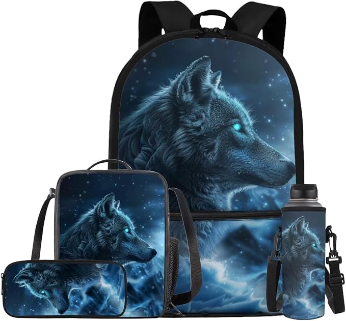 Galaxy Wolf Backpack for Girls Boys Backpack with Lunch Box Water Bottle Pouch and Big Pencil Pouch 4PCS Set Sturdy Bookbag with Front Pocket for School 17 inch Lightweight School Bag for Kids by ELEDIZI