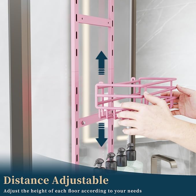 Consumest Over The Door Shower Caddy - 5 Tier Adjustable Shower Organizer Hanging with 2 Toothbrush Holders & 4 Hooks, Rustproof Organizer Shelf, Storage Rack for Bathroom, Pink - Image 2