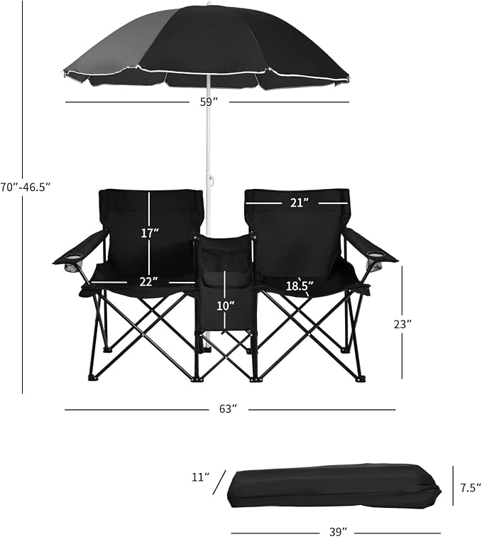 Goplus Double Camping Chair with Umbrella, Folding Loveseat Chairs w/Canopy Shade, Carrying Bag, Table, Cup Holder, Portable Beach Chairs Outdoor Picnic Patio (Black) - Image 3