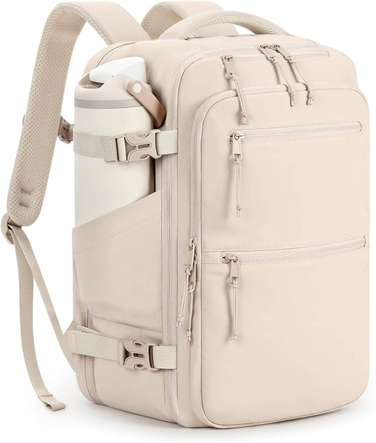 mibasies 30L Travel Backpack for Women & Men: Carry On Luggage Flight Approved, TSA Laptop Backpack with Water Bottle Pocket, Personal Item Bag Fits 15.6" Laptop for Weekender Business - Beige by mibasies