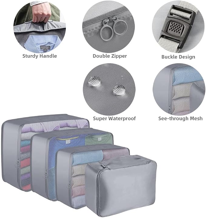 Packing Cubes for Suitcase, 9pcs Travel Luggage Packing Organizers Waterproof Travel Essentials Bag Clothes Shoes Storage Bags, Gray - Image 4