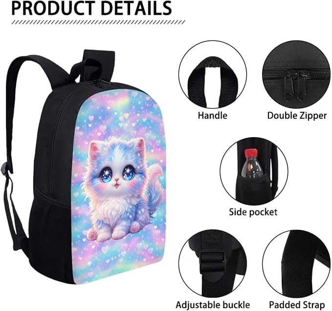 Forchrinse Cartoon Cat School Backpack for Girls 10-12 with Lunch Box Pencil Case Kids Bookbag Lunchbox Elementary Student Book Bag for Girls 8-10/6-8 - Image 7