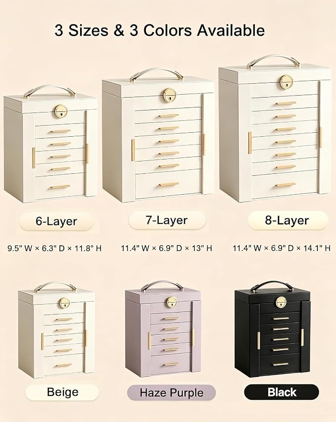 Lolalet Large Jewelry Box Organizer for Women, 7-Layer Jewelry Organizers and Storage Case with Mirror & 6 Drawers, Lockable Watch Ring Earring Bracelet Necklace Holder Girls Gift -7Layer, Beige - Image 4