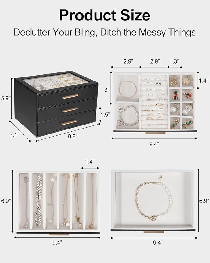 GUOER Jewelry Box for Women, Glass Lid Jewelry Organizer with 3 Drawers PU Jewelry Storage Case for Necklaces Rings Earrings Bracelets, Black - Image 3