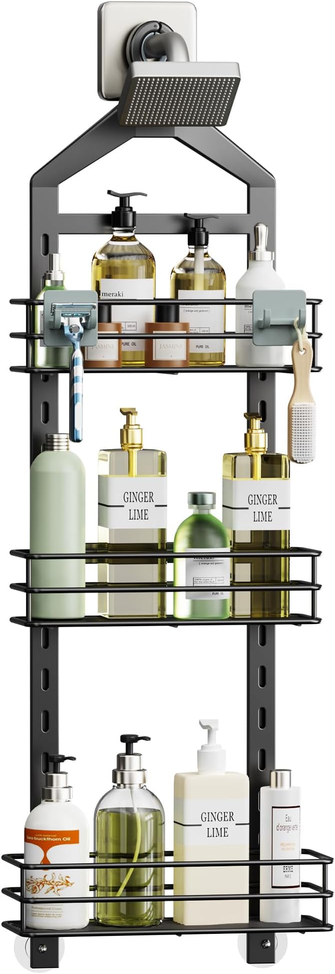 Orimade Adjustable Anti-slip Shower Caddy over Head, Rustproof Bathroom Hanging Organizer with 2 Hooks for Razor, No Drilling Shower Shelves Storage Rack 3 Tier, Black by Orimade