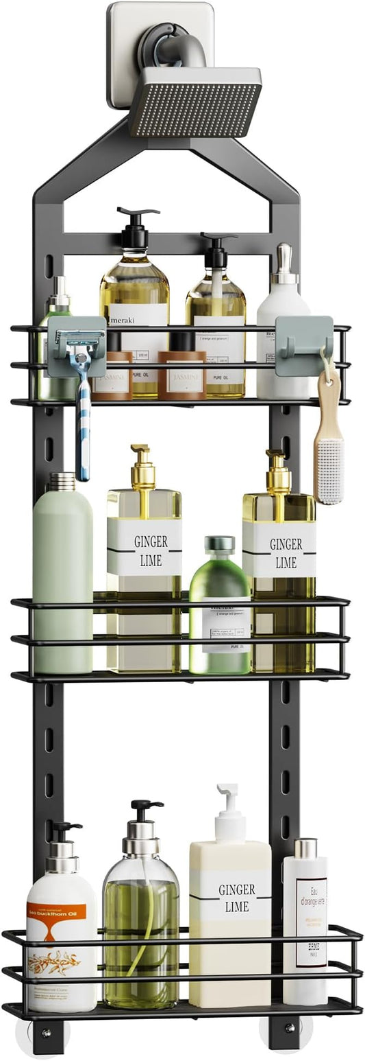 Orimade Adjustable Anti-slip Shower Caddy over Head, Rustproof Bathroom Hanging Organizer with 2 Hooks for Razor, No Drilling Shower Shelves Storage Rack 3 Tier, Black by Orimade