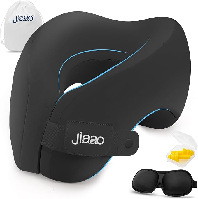 jiaao Travel Pillow Memory Foam Neck Pillow for Airplanes | Adjustable Neck Support | Eye Mask, Earplugs & Storage Box | Flights, Road Trips, Car, Train & Home Use by jiaao