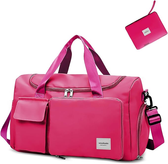 WOOMADA Foldable Travel Duffel Bag with Shoes Compartment, Overnight Bag with Wet Pocket & Trolley Sleeve, Weekender Bags for Women(A-rose red) by WOOMADA