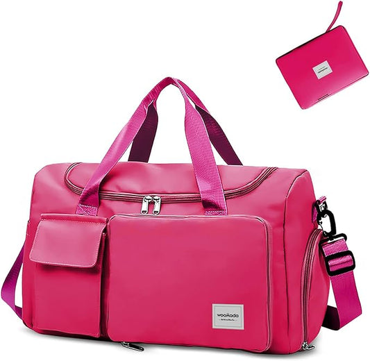 WOOMADA Foldable Travel Duffel Bag with Shoes Compartment, Overnight Bag with Wet Pocket & Trolley Sleeve, Weekender Bags for Women(A-rose red) by WOOMADA