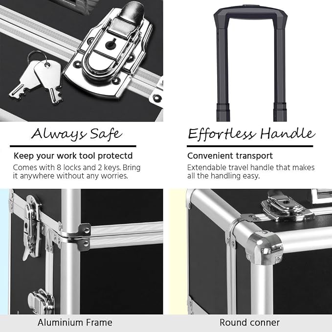 Yaheetech Rolling Makeup Train Case, Cosmetology Nail Organizer, Black | Aluminum frame and PVC shell hold a full 66 lb kit; movable dividers organize every tool, and it splits to travel on wheels - Image 7