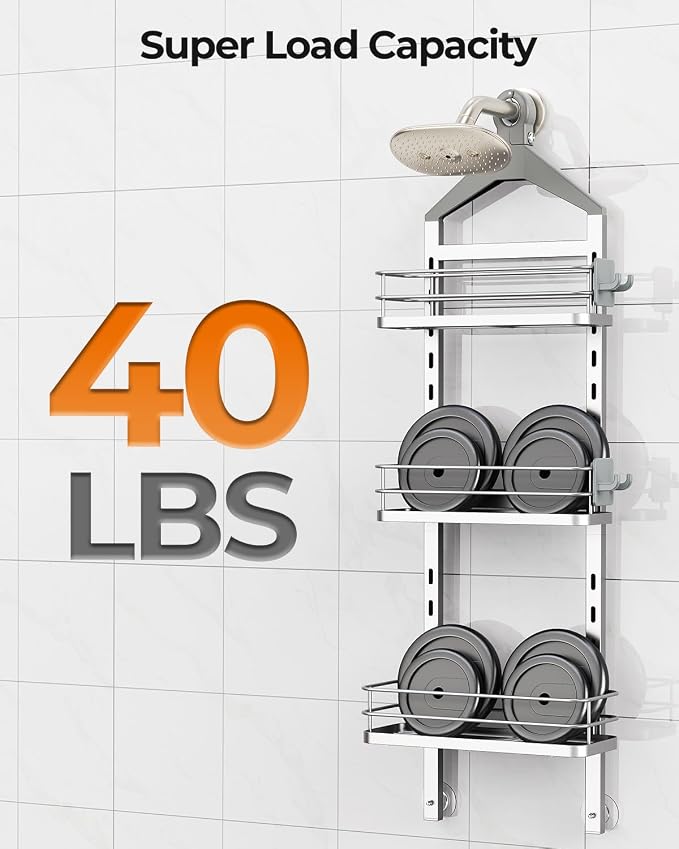 ODesign 3 Tier Adjustable Shower Organizer Hanging Over Head Silver | Shower organizer hanging,no drilling required,comes with removable hook and storage box, suitable for indoor showers - Image 7