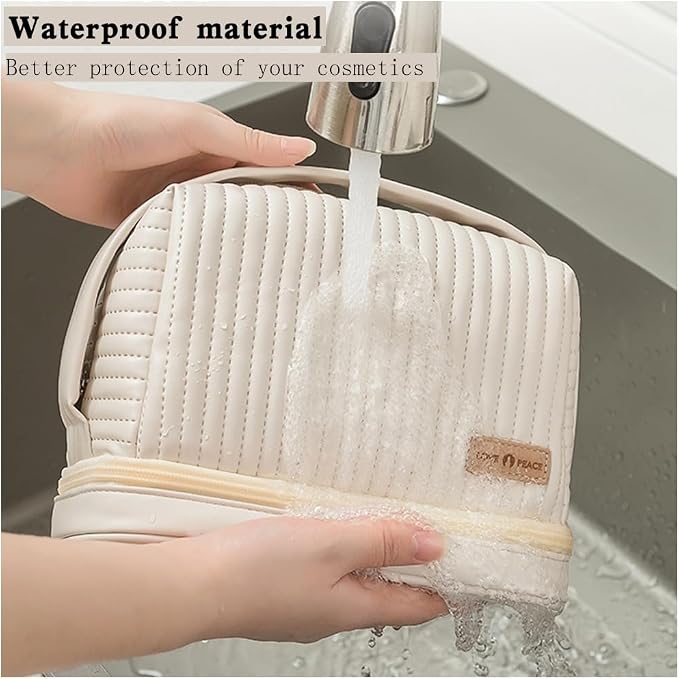 3-Piece Cute Cosmetic Bag Set - Waterproof Leather Makeup & Toiletry Organizer with Handles & Zipper, Travel-Friendly Women's Bags (Off-White) - Image 5