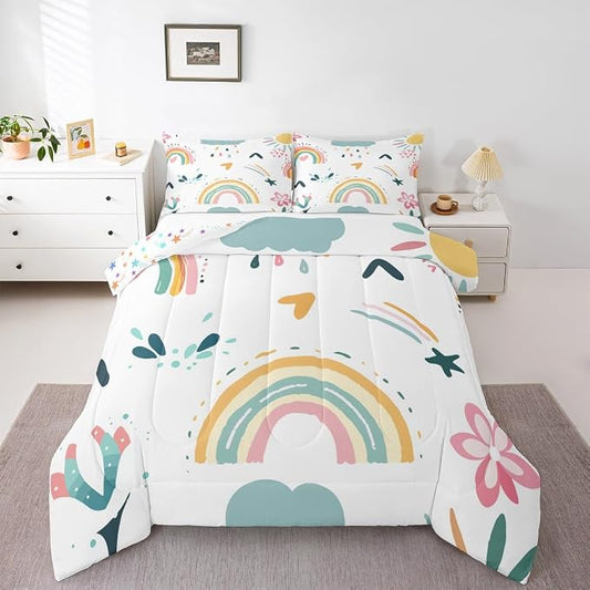 Cartoon Rainbow Comforter Set Twin, Iridescent Girly Quilt For Kids Boys Girls Women Bedroom Decor, Kawaii Flower Duvet Insert Love Heart Floral Bedding Set Rainbow Cloud Down Comforter,Colorful by Erosebridal