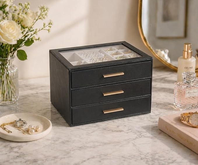 GUOER Jewelry Box for Women, Glass Lid Jewelry Organizer with 3 Drawers PU Jewelry Storage Case for Necklaces Rings Earrings Bracelets, Black - Image 2