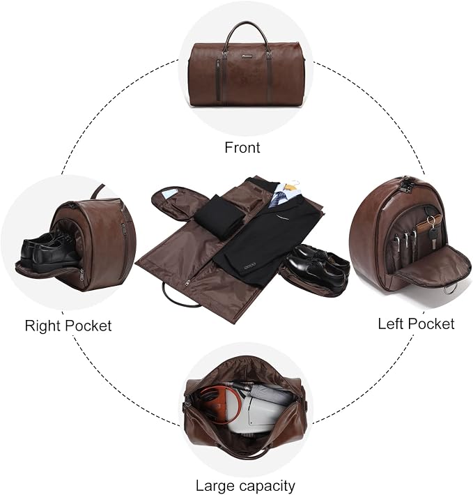 Modoker Convertible Leather Garment Bag, Carry on Garment Bags for Travel, Garment Duffel Bag, Gifts for Men Women Business Waterproof Suitcase Suit Travel Bags, Brown - Image 5