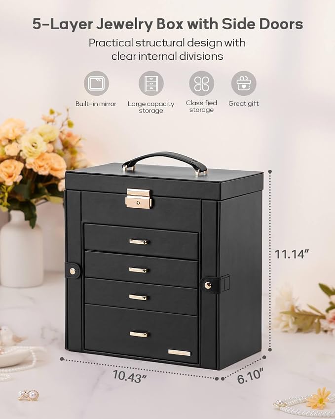 Homde Synthetic Leather Huge Jewelry Box Mirrored Watch Organizer Necklace Ring Earring Storage Lockable Gift Case (Black + Gold) - Image 2