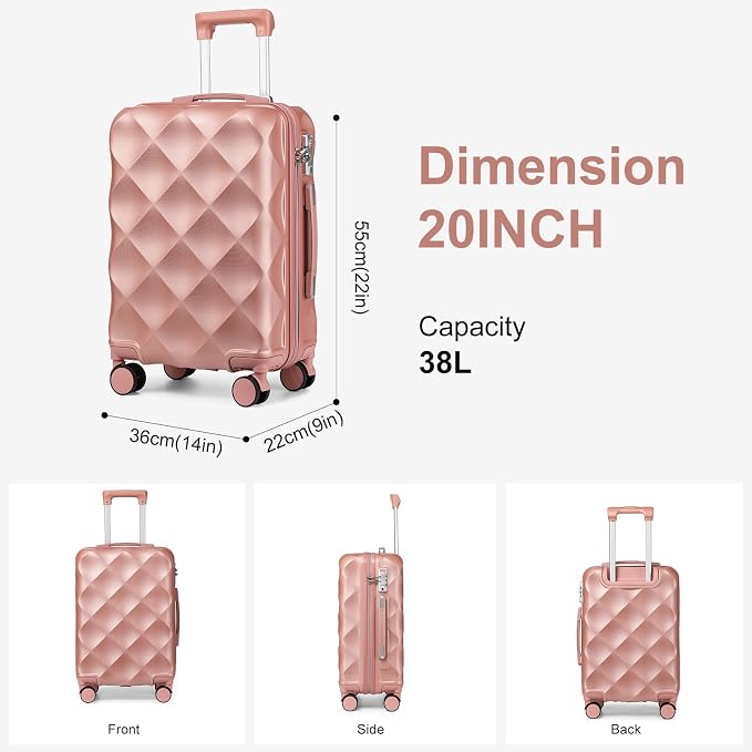Somago Luggage Sets 20in Carry on Suitcase with TSA Lock YKK Zipper Spinner Wheels ABS Hardside Luggage 3 Piece Weekender Bags Travel Set,Rose Gold - Image 6