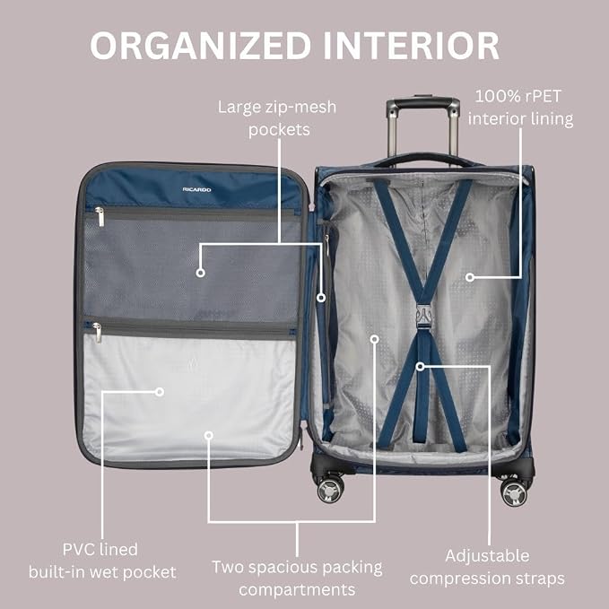 Ricardo Beverly Hills Avalon Softside Large Check-In Luggage Made with Sustainable 100% Recycled PET (rPET), Lightweight, Eco-Friendly Travel, Expandable, Dual Spinner Wheels, Serengeti Night, 28-inch - Image 4