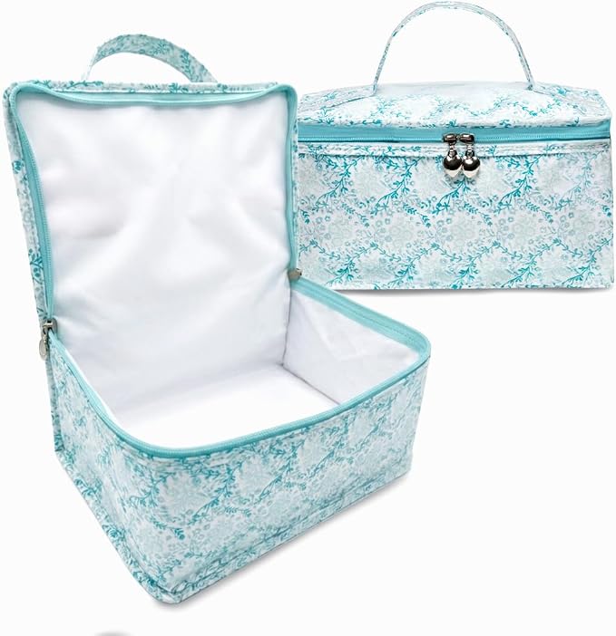 Jacaranda Living Vanity Bag/Train Case - Water-Resistant, PVC-Lined, Easy to Clean, Compact & Travel Ready Makeup Organizer - Aqua Trellis Print - Image 3