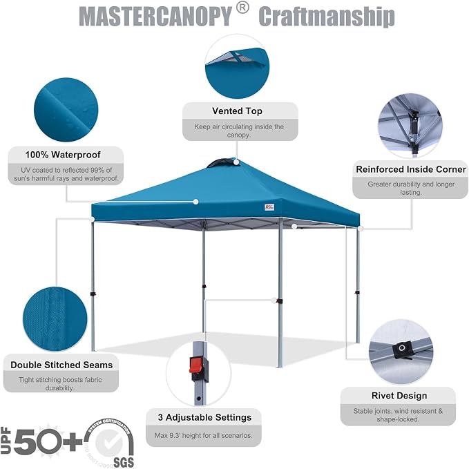 MASTERCANOPY 10x10 Pop Up Canopy Tent, 1 Person Setup Instant Shelter,Outdoor Portable Beach Canopy with Roller Bag, 4 Sandbags, 4 Ropes, 8 Stakes (10x10, Cyan Blue) - Image 3