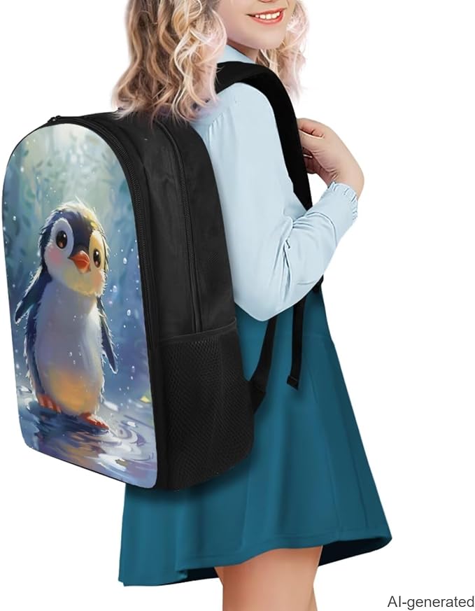 Penguin Backpack for Girls Kids Backpack with Lunch Box Water Bottle Holder with Strap and Kawaii Pencil Case 4PCS Set Cute Bookbag with Compartments 17 inch Large Capacity School Bag for Boys - Image 2