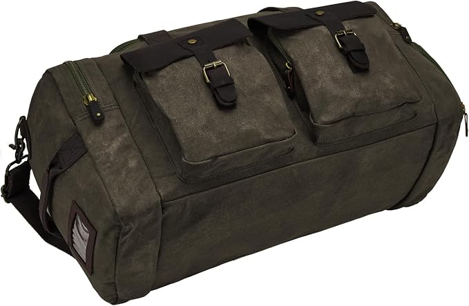 Waxed Canvas Duffel Bag with Shoe Compartment | Waxed Canvas Travel Bag for Men, Genuine Leather Trim, Shoe Compartment, Front Pockets, Weekend, Overnight and Carry-On Use - Image 7