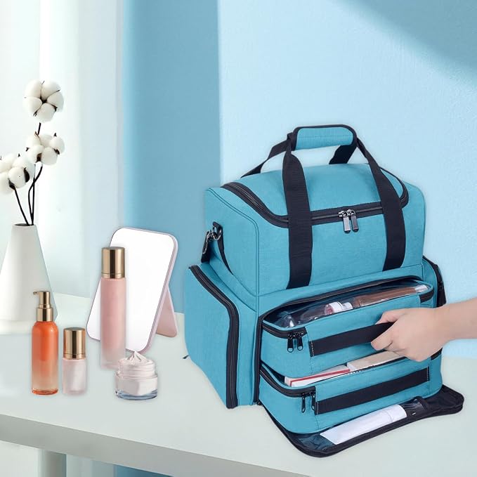 Large Makeup Bag with 2 Removable Case Cosmetic,Green | Large Makeup Bag with 2 Removable Case Multifunctional Cosmetic Bag Double Layer Travel Toiletry Organizer - Image 6