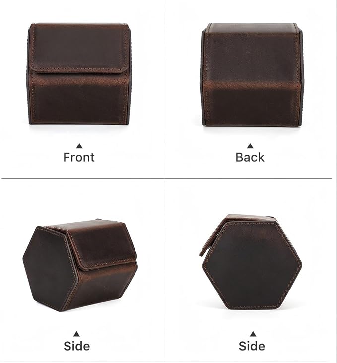 Genuine Leather Watch Roll Travel Case, Vintage Full Grain Leather Hexagon Watches Storage Organizer with Display Removable Pillows & Solid Dividers for Home Storage &Display (1 Slot) - Image 3