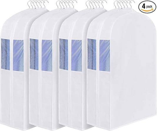 Univivi Premium Cotton Garment Bags for Hanging Clothes, 32 Inch Washable Suit Bags for Closet Storage with Extra Large 10" Gusset & Clear Window - Perfect for Shirts, Short Skirt - 4 Pack by Univivi