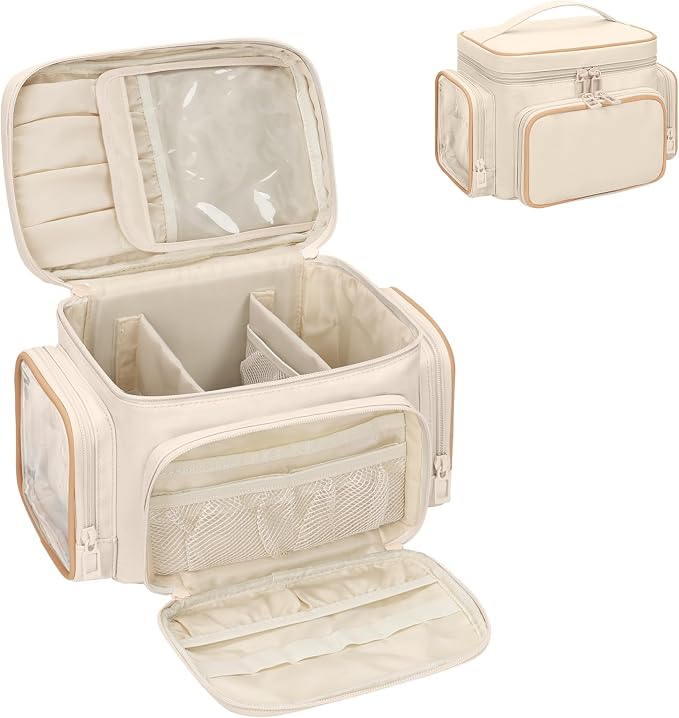 Bagmoly Large Makeup Bag, Portable Travel Makeup Bag Organizer for Women Girls with Makeup Brush Compartment & Two Side Pockets, Cosmetic Travel Bag Vertical Storage Toiletry - White - Image 8