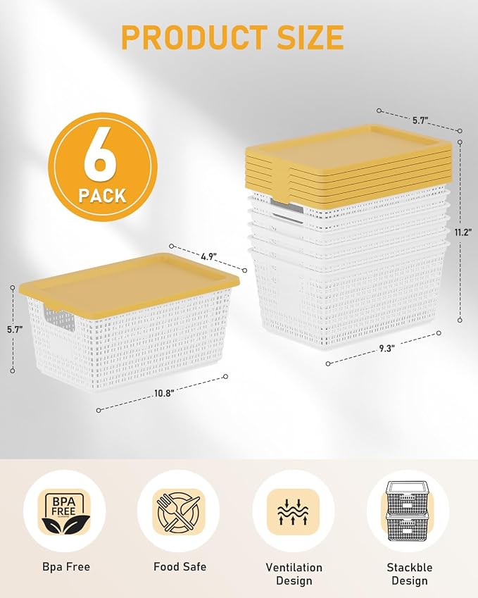 EOENVIVS Storage Bins Bakets with Lids 6 Pack, Stackable Organizer Bins for Small Spaces, Pantry, Closet & Bathroom, Secure Snap Lids, 11x7x5 Plastic Storage Containers for Shelf Organization, White - Image 2