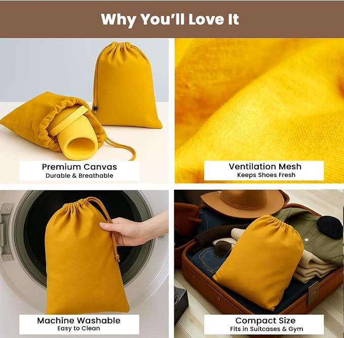 LFH Cotton Rich Shoe Storage Bags with Drawstring, Dustproof Breathable Reusable Organizer, Perfect For Travel, Dorm, Hotel, College, Gym, Easy to Carry, Machine Washable 12"x17" (Pack of 4) - Golden - Image 3