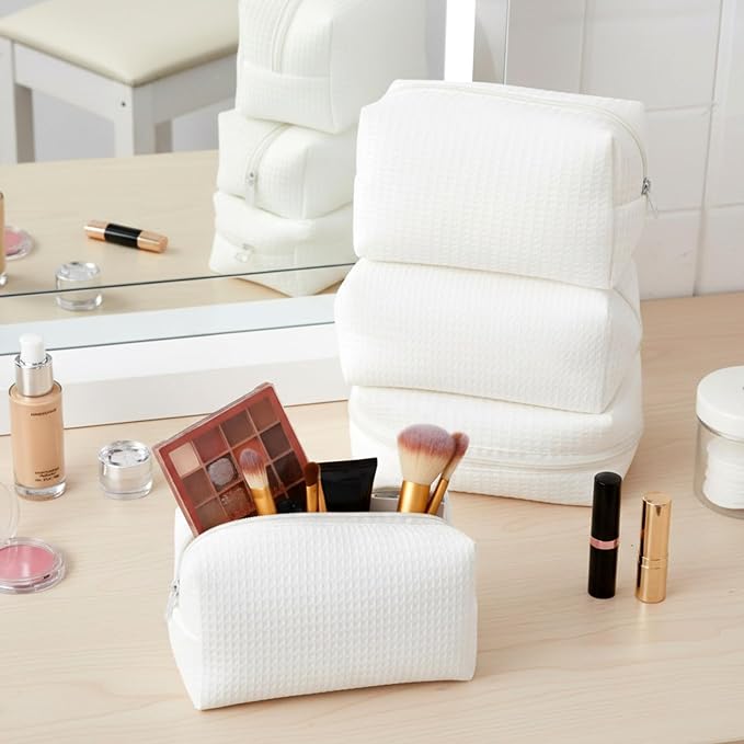 Gilprop 8 Pcs Holiday Gifts for Women Cozy Makeup Bag Portable Travel Waffle Toiletry Bag Soft Wedding Makeup Organizer Large Pouch with Zipper for Bridesmaid Friend (White) - Image 4