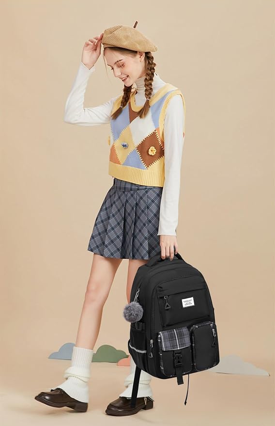 School Backpack for Teen Girls, Big Student Laptop Backpack Aesthetic Bookbags for College Women Elementary Middle High School Travel Mochilas Escolares, Black - Image 2