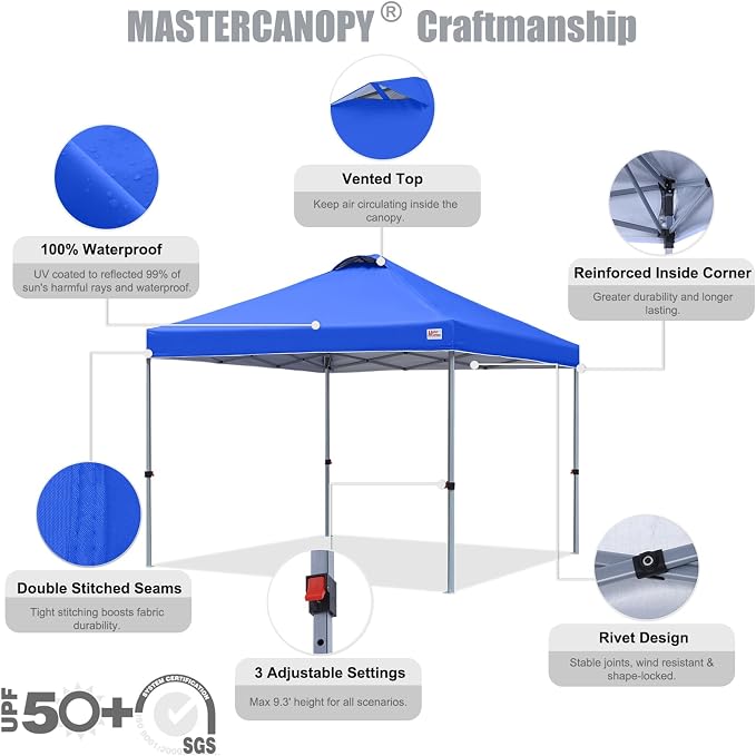 MASTERCANOPY 10x10 Pop Up Canopy Tent, 1 Person Setup Instant Shelter,Outdoor Portable Beach Canopy with Roller Bag, 4 Sandbags, 4 Ropes, 8 Stakes (10x10, Blue) - Image 3