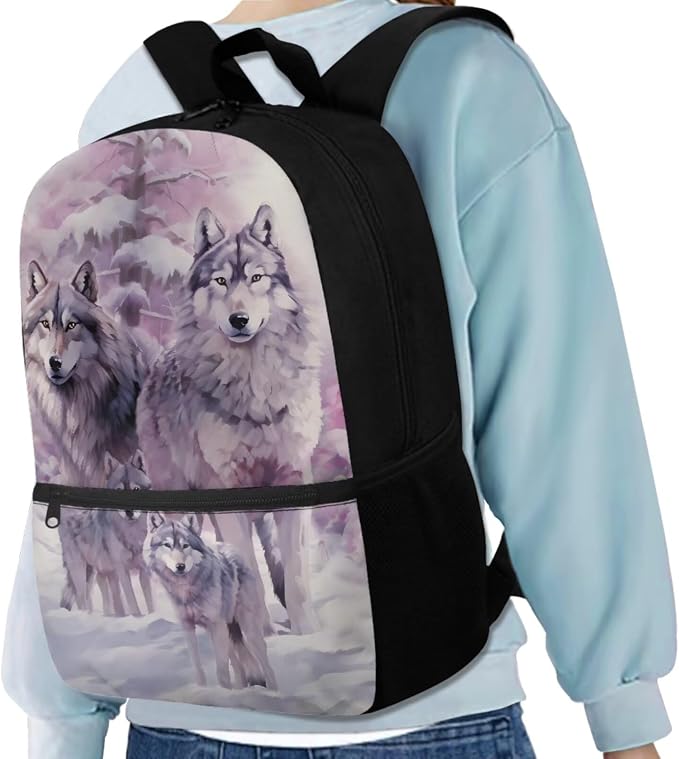 Wolf Backpack for Girls Kids Backpack with Lunch Box Water Bottle Carrier and Soft Pencil Case 4PCS Set Bookbag with Front Pocket for School 17 inch Large Capacity School Bag and Side Pocket - Image 2