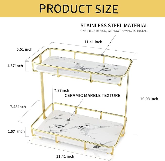 Bathroom Organizer Countertop Perfume Organizer Makeup Organizer Cosmetics Storage Display Rack Vanity Tray Dresser Stainless Steel Gold Shelf White Marble Ceramic Tray - Image 9