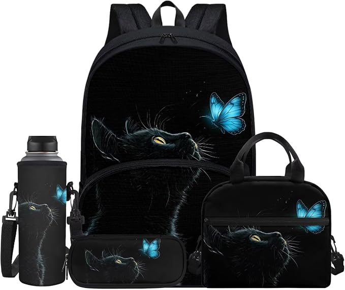 Black Cat Blue Butterfly Girls School Backpack Bookbag for Kids Student Backpack Schoolbag Daypack Insulated Lunch Tote Bag Water Bottle Pen Pouch Pencil Case School Book Bag for Girls Teens by Jndtueit