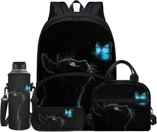 Black Cat Blue Butterfly Girls School Backpack Bookbag for Kids Student Backpack Schoolbag Daypack Insulated Lunch Tote Bag Water Bottle Pen Pouch Pencil Case School Book Bag for Girls Teens by Jndtueit