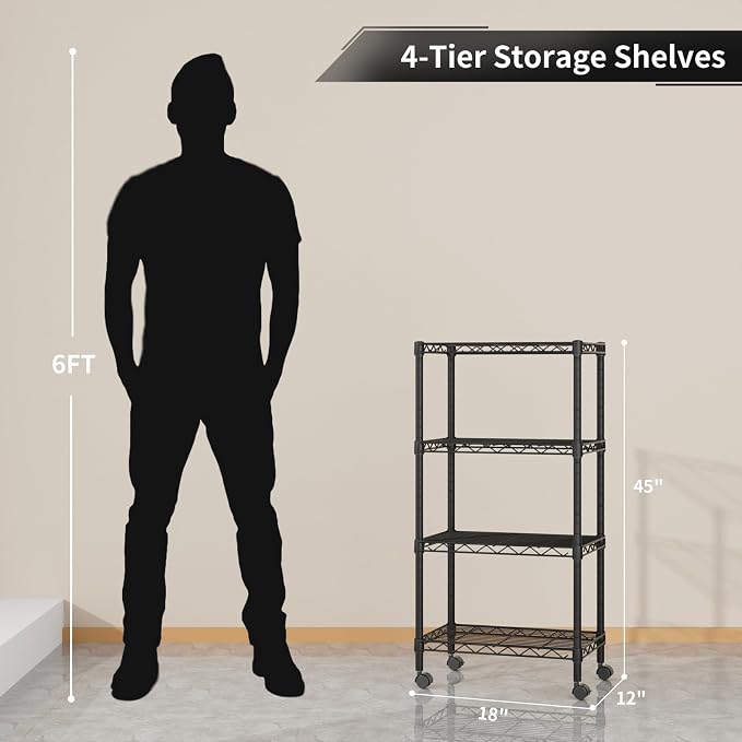 Golpart Small 4 Tier Shelves Storage Wire Shelving Unit Metal Shelf Adjustable Organizers Storage Shelving with Wheels for Bathroom Laundry Room Kitchen Pantry11.7”D x 17.7”W x 44.8”H Black - Image 3