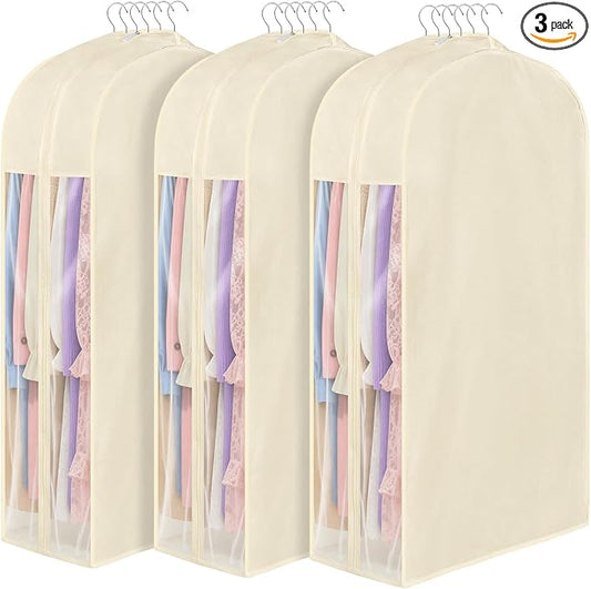 43" Premium Cotton Garment Bag for Hanging Clothes, Breathable Suit Bags for Closet Storage with Extre Large 10" Gusseted & Clear Window, Dust Cover with Zipper for Suits, 3 Pack, Beige by Kntiwiwo