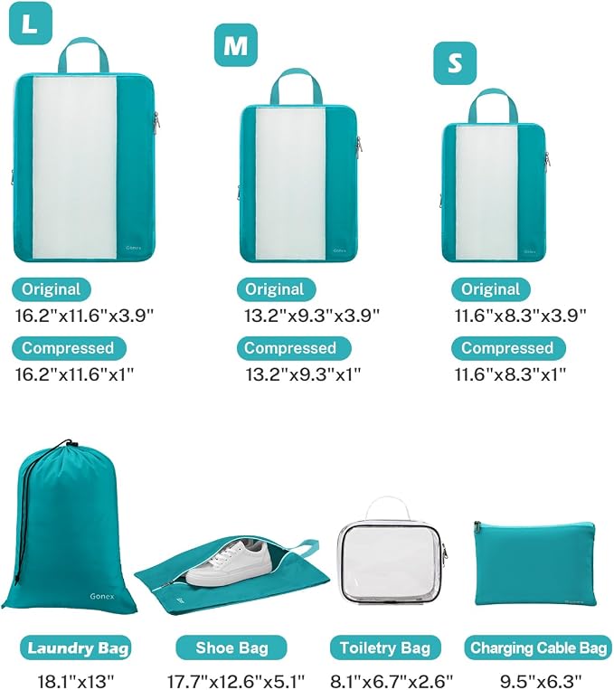 Gonex 8 Set Compression Packing Cubes, Expandable Mesh Organizer for Travel Accessories, Essentials With Toiletry, Laundry, Shoe, Cable Bags for Suitcases, Blue - Image 3