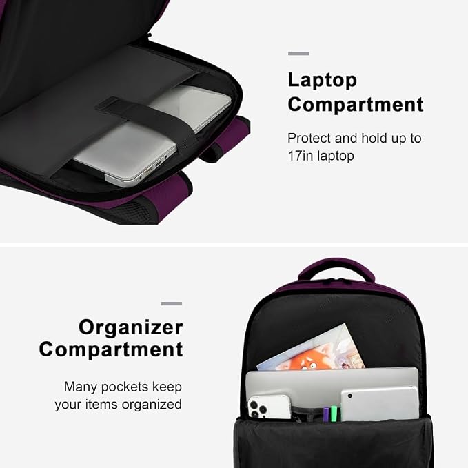 MATEIN Travel Backpack for Women, Extra Large 40L Carry on Backpack, Purple | Water Resistant, College Bag, Computer Bag, Gifts for Women & Men, Fits 17.3 Inch Laptop - Image 4