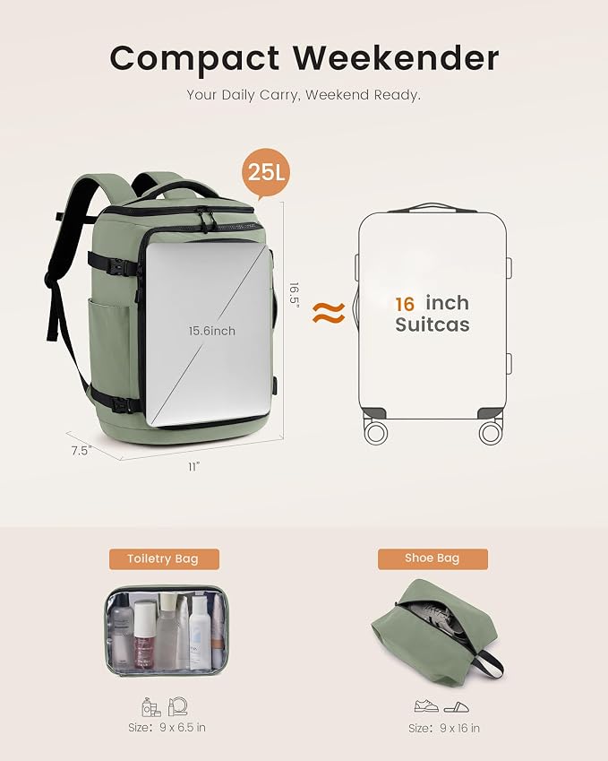 LOVEVOOK Travel Backpack for Women & Men, 25L Airline Approved Personal Item Carry On Backpack, Lightweight with 2 Packing Cubes, Waterproof Daypack for Work, Gym & Weekend Travel, Slate Green-Black - Image 3