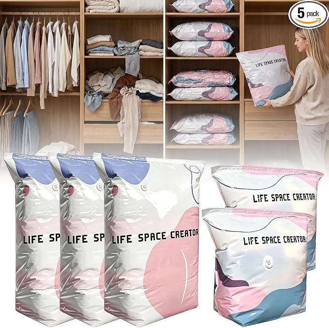 2026 Upgrade No‑pump Vacuum Storage Bags, Premium Extra Large Capacity Storage Compression Bags, Reusable Heavy Duty Storage Organize for Clothes Comforters Blankets Travel & Home (Large * 5 Sets) by Atallit