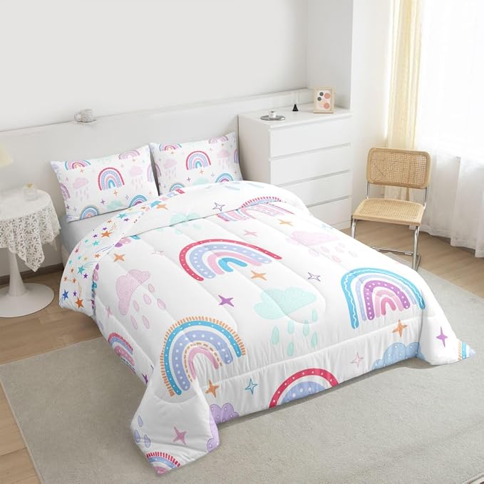 Rainbow Comforter Set For Kids, Pink Love Heart Duvet Insert Queen Size, Kawaii Clouds Quilted Duvet For Girls Boys Children Bedroom Decor, Hand Drawn Iridescent Stripes Quilt, White Pink Blue - Image 4
