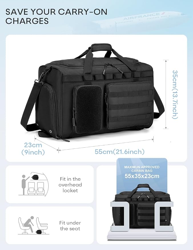 Tactical Gym Bag for Men 50L Sports Duffel Bags 3 in 1 Travel Duffel Bag with Shoe Compartment Workout Backpack Carry on Luggage 22x14x9 Airline Approved for Overnight Weekender Travel Black - Image 3