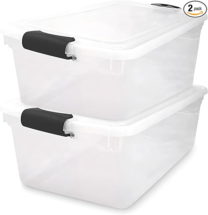 HOMZ Secure Latch Clear Plastic Storage Organizer Bins, 64 Quart, 2-Pack | Gray Latches - Stackable Container Boxes for Bedroom, Bathroom, Garage, and Office Organization by Homz